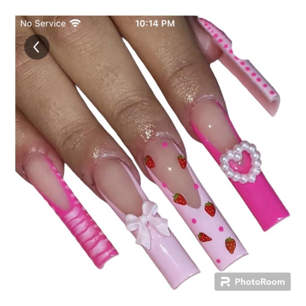 24 pc Extra Long Square Pink with strawberries and accents Press On Nail Set